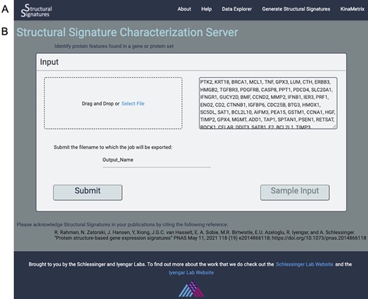 Input page. (A) the web server navigation bar. (B) The user can submit gene lists or protein IDs that they wish to transform into structural features as a comma, line or space-separated list of gene names or UniProt IDs or upload a file of the same format. They can also give their job an export name, under which it will be saved, and there is an option to view the output for a sample list of genes.