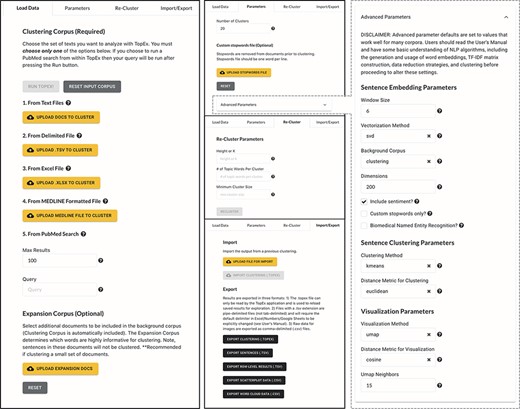 Screenshots of TopEx tabs and menu items. First panel shows the ‘Load Data’ tab with options for importing text data into TopEx. Second Panel shows the ‘Parameters’ (top), ‘Re-Cluster’ (middle) and ‘Import/Export’ (bottom) tabs. ‘Parameters’ tab allows customization of analysis and algorithm settings. ‘Re-Cluster’ enables quick adjustment of the cluster number without re-running the NLP pipeline from scratch. ‘Import/Export’ enables saving TopEx results or importing previous TopEx analyses. Third panel expands the ‘Advanced Parameters’ section of the ‘Parameters’ tab.