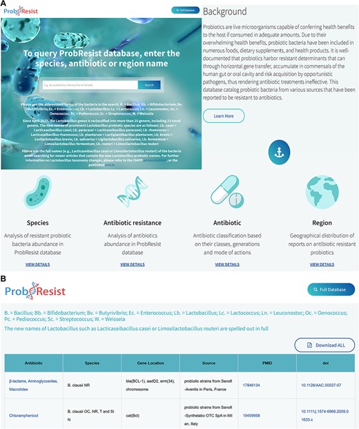 Layout of the ProbResist webserver. (A) Top panel: screenshot of the home page beginning with a text search bar that allows experienced users to quickly query the database from three search options: bacteria species, antibiotic or region/country name. The search bar is accompanied by a detailed instruction and species abbreviation legend to aid user input. Following that, an introduction section containing a brief description of probiotics and antibiotic resistance is provided to aid first time users navigate and extract information from the database. Bottom panel: the next part of the webserver contains general information of the antibiotics as well as a brief analysis of the database organized based on the frequency of the respective species, drug resistance, antibiotic classes and region/country of study. (B) In the result page, retrieved results contain the name of antibiotic, bacteria species, gene name and location, source of isolates, country of study and the unique digital article identifiers PMID and DOI, hyperlinked to the original sources. The website allows users to export their results as Excel.
