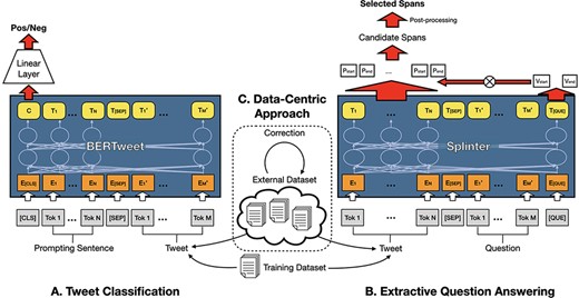 Overview of our two-stage system combining text classification, extractive question answering and data-centric approach.