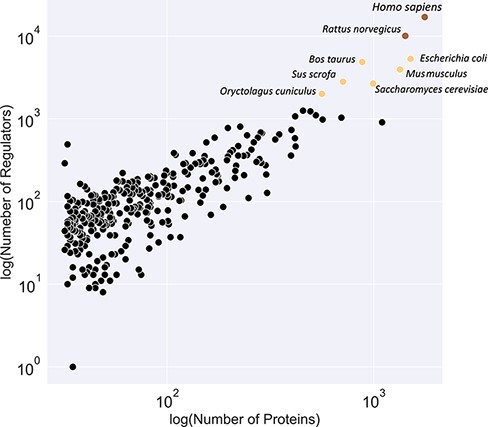 Classification of organisms based on their number of proteins (x-axis) and regulators (y-axis) into three classes (brown, yellow and black). The brown class represents intensively studied organisms with more than 10K regulators and 1K proteins, whereas the black category denotes moderately researched models with less than 2K effectors and 500 proteins.
