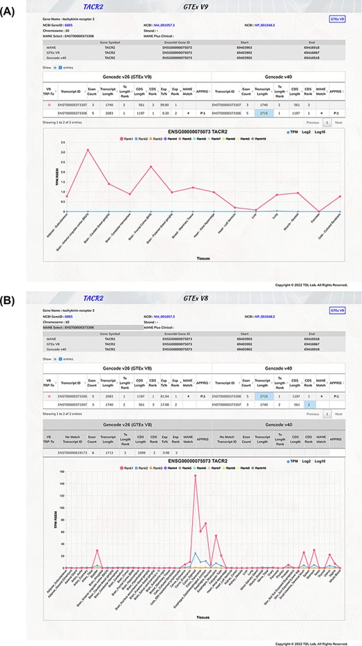 Illustration of TEx-MST gene information webpage for tachykinin receptor 2 (TACR2) protein-coding gene. Basic gene and transcript information of the protein-coding gene are provided. The main transcript expression data table is displayed to provide the GTEx and GENCODE information. The top-ranked protein-coding transcript is marked by a red circle and the MANE select transcript is marked by a star symbol. The important expression graph is provided for Rank 1 to Rank 10 transcripts at the bottom chart of the webpage. (A) GTEx V9 (long-read) expression information is displayed; (B) GTEx V8 (short-read) expression information is displayed. Please note that there are more tissue types in the V8 dataset. The TACR2 gene is mostly expressed in the digestive system.