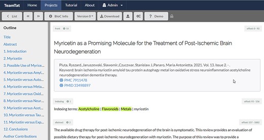 Illustration of indexing review in TeamTat. Every article was reviewed by two indexers. The image shows a screenshot of the article and a section under the article title named ‘Indexing terms’. All the chemical terms to be reviewed for each article are listed in this section. The NLM indexers highlighted the chemical indexing terms that best represented the article topics.