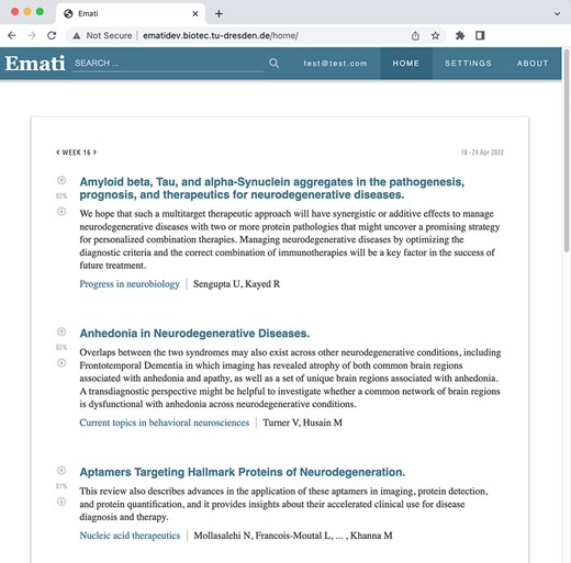 Weekly article recommendations of the user are listed on the homepage.