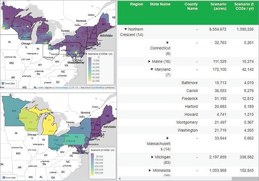 Map of the Northern Crescent region viewed at county and state pooling levels with tabular data reported at the county level. Scenario settings included adoption of 25% available cropland adopting a cover crop (20% legume and 80% non-legume) and assumed that 2017 acres in cover crop were composed of 10% legume and 90% non-legume.