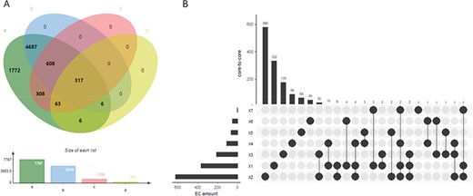 (A) Wynn diagram of four database coverage of EC number, a: sequence amount in UniProt, b: reaction amount in Rhea, c: family classification amount in PROSITE, d: 3D structure amount in Protein Data Bank. (B) The overall distribution of core-to-core across the seven types of enzyme.