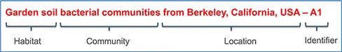 A schematic representation of a standardized biosample name with its constituent components of habitat, community, location and identifier.