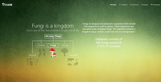 Home page of the FungiProteomeDB. It shows the basic information about the DB.