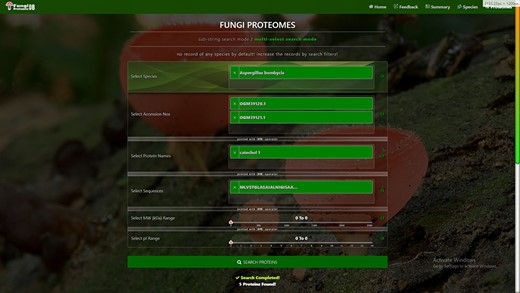 Proteome search interface of multi-select search mode. User can search the proteome data using any one option or multiple options.