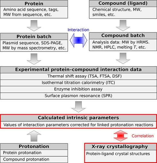 A schematic representation of PLBD. The database lists information about the structure, purification, actual batches of proteins and compounds and thermodynamic and structural information on protein–compound interaction. Arrows indicate the direction of information exchange between major structural units of the PLBD. The database structure allows users to trace all relationships between the deposited data.