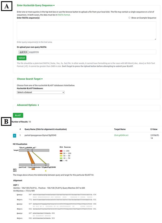 BLAST tool. (A) BLAST search page. (B) BLAST result page.