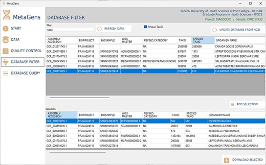 Graphical interface of the MetaGens software showing the database filter panel. When filtering the reference sequences, it is possible to reduce the size of the database in order to reduce the analysis time. Source: the authors.