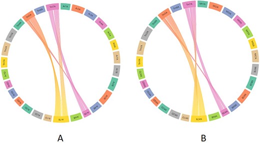 Synteny visualization of T. monococcum with ArinaLrFor (A) and SY Mattis (B). It shows the presence of a translocation between chromosomes 5B and 7B of ArinaLrFor (A) and SY Mattis (B). The figure was generated by uploading the two precomputed files (gff and collinearity) provided on the synteny tab of einkorn resource database web page and viewed on the AccuSyn server by selecting the respective chromosomes.