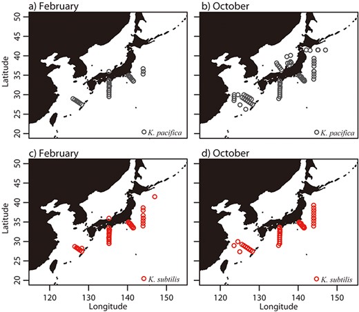 Distribution of biological observation records of K. pacifica in February (a) and October (b) and K. subtilis in February (c) and October (d). Data are pooled over 11 years (1982–1992).