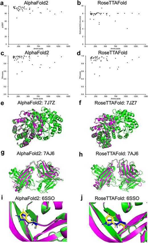 Model confidence profiling for validation genes. (a–d) The corresponding pLDDT (estimated CA rms error) and TM-score of each prediction generated by AlphaFold2 and RoseTTAFold were plotted. (e–h) Structural alignments of prediction of 7JZ7 and 7AJ6. (i–j) Similar geometry of the side chains of 6SSO.