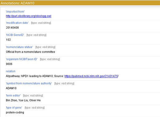 Using ‘relation’ to annotate the term with a reference source from ADMO or Alzpathway.