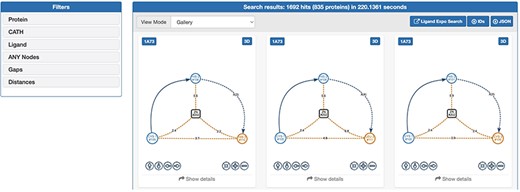 Output area of GSP4PDB. Each solution is a match of the graph-based structural pattern in a specific protein. Alt Text: Output area of GSP4PDB.