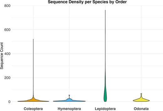 Violin plot showing the distribution of sequence counts per species across different orders, Where the y-axis indicates the number of sequences for each species in the dataset and the x-axis the examined taxa.