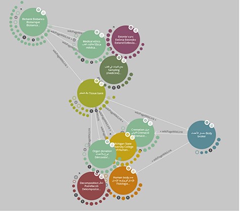A screenshot of LodLive (19): the graph can be expanded by clicking on the small clouds or circles around the node.