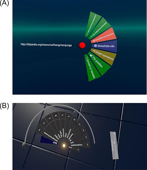 The circle menu in 7(A) shows different options based on the context. There are submenus that show more details, such as the outgoing connections in 7(B). (A) The circle menu after clicking on a node. (B) Circle menu displays multiple outgoing connections.