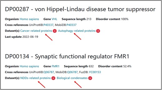Two examples of proteins associated with two thematic datasets. Two tags have been added for each one of them.