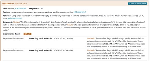 The figure shows the evidence of the Disordered Regions 1–61 experimentally detected. The sample studied by the authors contains the NaCl molecule. The curator has also added a statement extracted from the article in the Methods section to support the evidence related to the interacting partners.