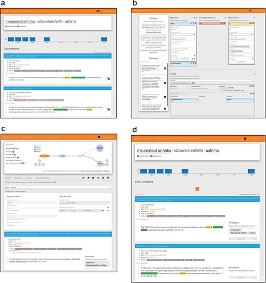 BioKC interface and functionalities. (a) BioKB relationship view showing sentences for a given entity relationship, and the sentences can be added to the basket. (b) Basket checkout redirects to the basket view where facts and their elements can be composed. (c) The ‘Fact view’ is where facts can be edited, either from scratch or after being persisted in the basket view. (d) The annotation mode enables annotation capabilities in BioKB to assign supporting evidence to one or multiple elements of a fact.