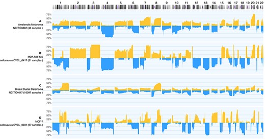 Genomic CNV frequencies comparing cancer-type specific profiles to those from selected cell lines for copy number gains (up) and losses (down; 100%—CNV observed in all samples). While (A) and (C) display the summary data from 43 amelanotic melanomas (NCIT:C3802) and 10 254 ductal breast carcinomas, respectively, panel (B) and (D) show summary profiles of cell lines MDA-MB-435 (from 21 instances) and MCF-7 (57 analyses). Although both cell lines were originally classified as ‘breast carcinoma’, the CNV pattern of MDA-MB-435 shows an intriguing similarity to aberrations common in amelanotic melanomas (e.g. +2, +3q, +5, +6p/−6q...). As of note, while the CNV frequency plots are influenced by the expected genomic heterogeneity of tumor samples, the ‘in principle’ expected genomic homogeneity of cell lines (i.e. either 100% or 0%) can be perturbed by genomic instability and leading to inter-sample variations as well as experimental conditions.