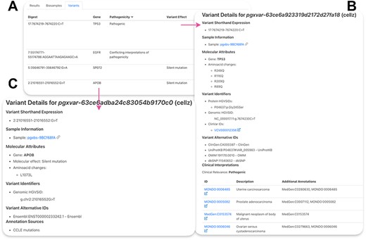 Lung adenocarcinoma cell line PC-9 SNVs. (A) Table of resulting variants for PC-9. ‘Digest’ shows the genomic location and the affected nucleotides of the variant, ‘Gene’—the affected gene, ‘Pathogenicity’—reported effect of the variant on human health, ‘Variant Effect’—effect of the variant on the gene product. (B) Example of a ClinVar variant. (C) Example of a CCLE mutation.
