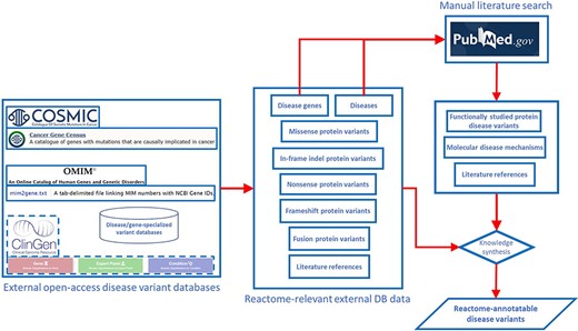 Pipeline for determining the scope of Reactome disease variant curation. ClinGen is shown with dashed borders as it is still to be routinely incorporated in the pipeline.
