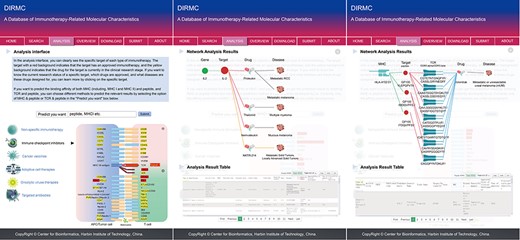 The analysis page of the database website. From left to right, the first figure shows the ‘Predict you want’ fast predictive interaction interface in the middle and the display of ICIs at the bottom. Figure two shows schematic diagram of the network analysis results and corresponding data table information when selecting the target protein for non-ACTs. Figure three shows the schematic diagram of network analysis results and corresponding data table information when selecting the target protein for TCR-T therapy of ACTs.