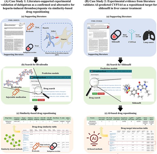 Case studies 1 and 2 demonstrate the accuracy, reliability and feasibility of predictively repositioned drugs within DrugRepoBank. (A) Case Study 1: Literature-supported experimental validation of dabigatran as a confirmed oral alternative for heparin-induced thrombocytopenia via similarity-based drug repositioning. (a) Literature supports that Dabigatran is a possible candidate for oral anticoagulant for treating HIT. (b) Bivalirudin is a commonly injectable medication to treat HIT. Use the ‘Prediction’ module of DrugRepoBank by typing ‘Bivalirudin’ in the drug search box and clicking ‘Search’. (c) Sort the results by the ‘RowMean’ and find that dabigatran etexilate has a high similarity with bivalirudin (row means = 0.841856, ranking = first). (B) Case study 2: Experimental evidence from literature validates AI-predicted CYP3A4 as a repositioned target for sildenafil in liver cancer treatment. (a) Literature confirmed that sildenafil can potentially be used in treating lung cancer by targeting CYP3A4. (b) Drug search for sildenafil, which is used to treat penile erectile dysfunction. (c) We conducted the ‘AI-based Drug Repositioning’ for sildenafil, sorted the result by ‘Score mean’ and identified CYP3A4 as potential targets (score mean = 0.732, ranking = fourth).