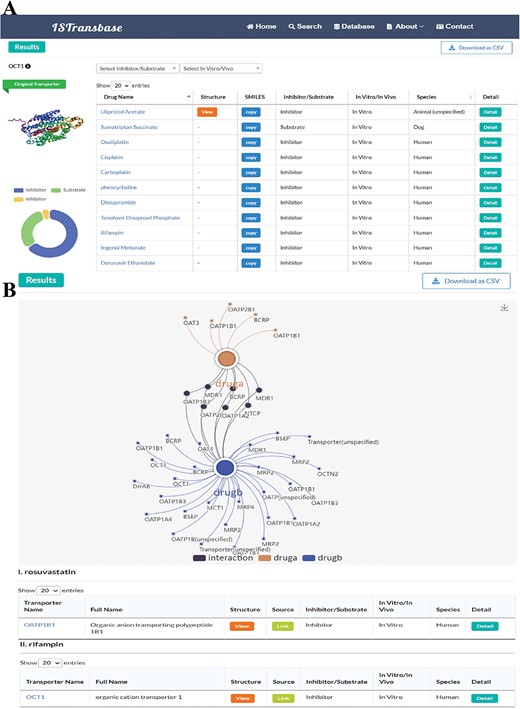 ISTransbase search result pages of Transporters2Drug and Drug-Drug Checker mode. (A) Search result of Transporters2Drug mode (OCT1). (B) Search result of Drug-Drug Checker mode (drug A: rosuvastatin, drug B: rifampin).