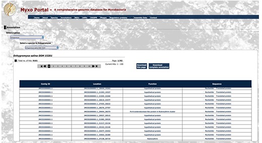 Snippet of the annotation output file for Enhygromyxa salina DSM 15201 from RAST. The annotation file for myxobacterium Enhygromyxa salina DSM 15201 displays 9161 hits with location, function, nucleotide sequence and protein sequence for each contig. Certain sections have been condensed for display purposes.