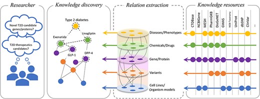 Overview of the relationship extraction in the biomedical domain. This illustration depicts the importance of factual and correct knowledge discovery based on verifiable facts curated in the knowledge bases.