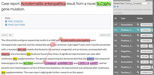 Illustration of a disease–variant relation (positive correlation) where the two entities do not co-occur in the same sentence.