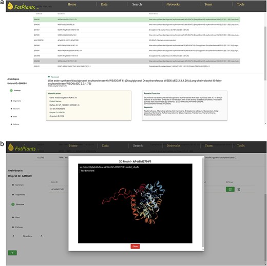 One-stop search page of FatPlants. (a) The summary result page with all the candidates (in this case, we use name DGAT). (b) The structure result page, which is retrieved from Alphafold API. (c) The BLASTP result page. (d) KEGG pathway mapping page with the target gene highlighted in the red box.