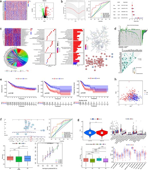 Pan-cancer analysis of multi-CRGs. (a) Differential analysis. (b) Presentation of the prognostic model and its verification results. (c) Correlation analysis. (d) Mutation analysis. (e) Survival analysis. (f) Clinical analysis. (g) Immune analysis. (h) PCA analysis.