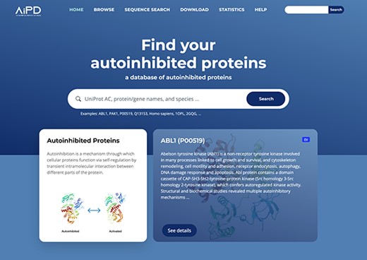 This figure shows the AiPD web server interface, which offers an interactive and user-friendly interface for exploring and extracting information on autoinhibited protiens.