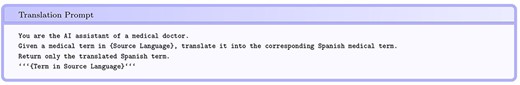 The prompt used for translating a symptom mention into Spanish.
