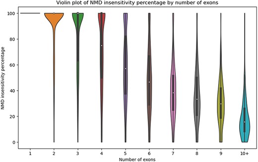 Violin plot of the percentage of NMD insensitivity according to the number of exons per gene.