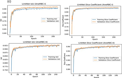 (a) Training progress of Atten_UNet on AneRBC-I and AneRBC-II. (b) IoU and Dice-Coefficient of UNet on AneRBC-I and AneRBC-II. (c) IoU and Dice-Coefficient of LinkNet on AneRBC-I and AneRBC-II.