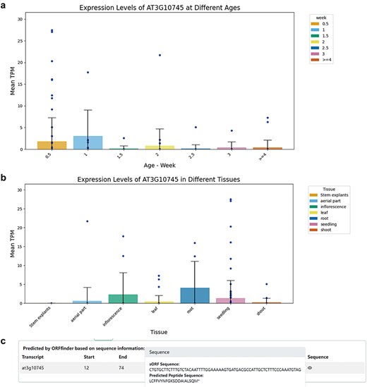 Information on ncRNAs with coding potential. (a) Expression levels of the miRNA gene AT3G10745 (MIR158a) in different Ribo-Seq samples across different ages. (b) Expression levels of the miRNA gene AT3G10745 (MIR158a) in different Ribo-Seq samples across different tissues. (c) ORFfinder-identified sORF with coding potential in the primary transcript (pri-miRNA) of AT3G10745 and corresponding predicted small peptide.