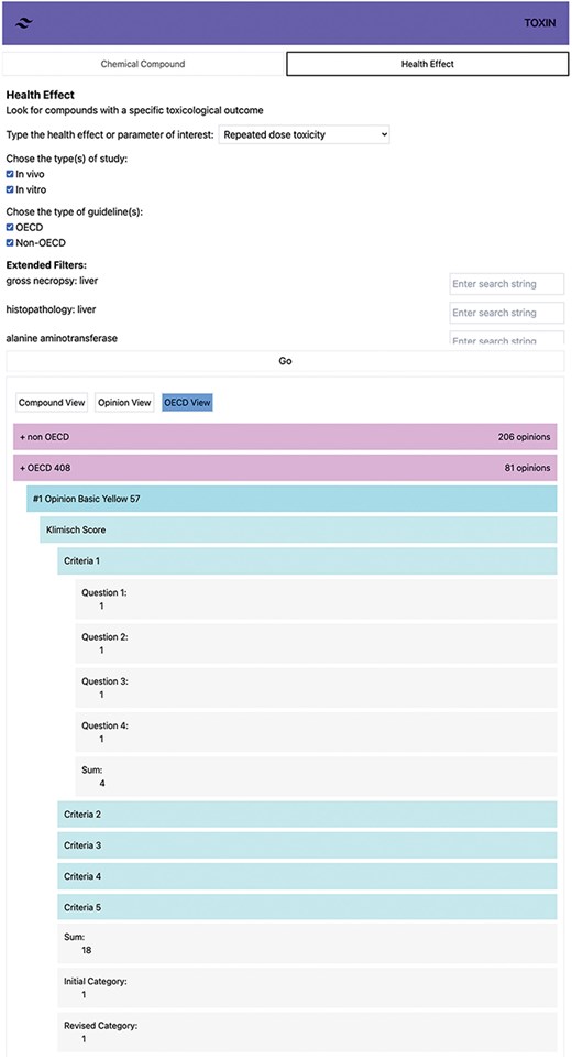 Automated Klimisch scoring of an OECD 408 study for Basic Yellow 57, showing total scores, categories, and individual criteria.