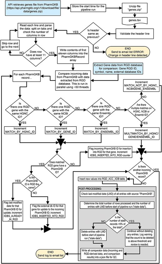 ALT TEXT: Flowchart detailing the processes and logic amployed by the PharmGKB pipeline. The pipeline associates PharmGKB identifiers with human gene records in the RGD database.