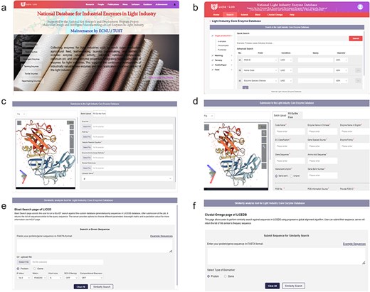 An overview of the LICEDB interface. (a) The homepage of the database, (b) the search interface of the database, (c) the batch data upload interface of the database, (d) the single data upload form interface, (e) BLAST similarity analysis tool, and (f) Clustal Omega similarity analysis tool.
