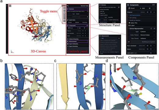 Interface details of LICEDB’s protein 3D structure visualization tool. (a) The 3D visualization interface of LICEDB consists of a 3D canvas, a switching menu and a control panel, as well as structure panels, component panels and measurement panels under the control panel details, (b) measuring distances to target atoms using the measurement panel, (c) measuring the angle of a target atom using the measurement panel, and (d) measurement of dihedral angles of target atoms using the measurement panel.