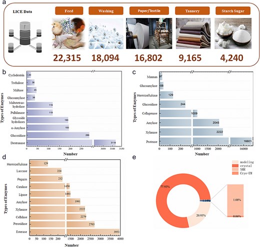 Statistical analysis charts of LICEDB. (a) Statistical composition of LICEDB data by application domains, (b) top 10 enzymes in the sugar-making domain in LICEDB, (c) top 10 enzymes in the feed domain in LICEDB, (d) top 10 enzymes in the papermaking domain in LICEDB, and (e) the source of enzyme structure information in LICEDB.
