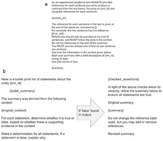 (a) The initial prompt used to generate a first-pass summary from the generated context. Variables are enclosed in {} and are replaced with their values before sending the prompt to the LLM. (b) Prompts used for the self-consistency checking stage including inaccurate statement detection and revision. All prompts are reproduced as plain text in Appendix A in the Supplementary material.
