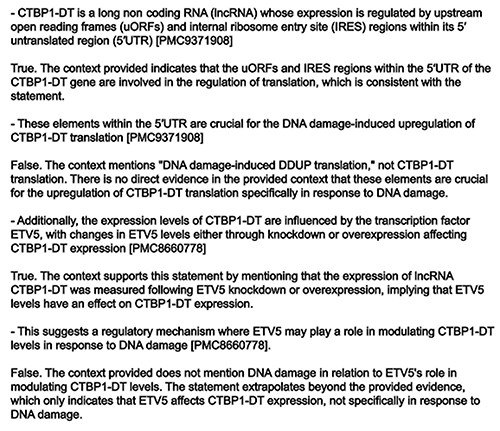 Example output of the veracity checker. In this case, CTBP1-DT presents two sentences validated as TRUE and two FALSE sentences. The offending sentences have been removed by the model in the final summary.